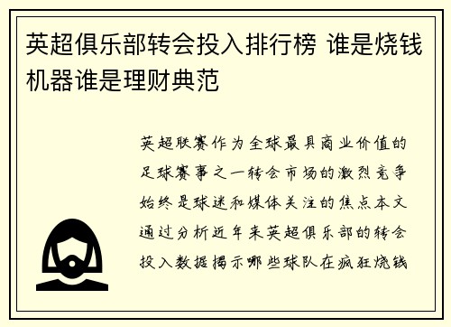英超俱乐部转会投入排行榜 谁是烧钱机器谁是理财典范