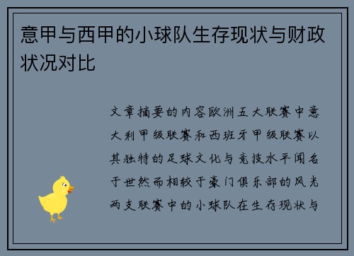 意甲与西甲的小球队生存现状与财政状况对比